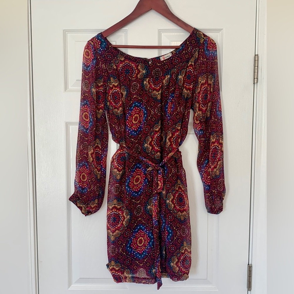 OLSENBOYE | Colorful Patterned Dress with Sheer Sleeves and Tie Waist, Lined